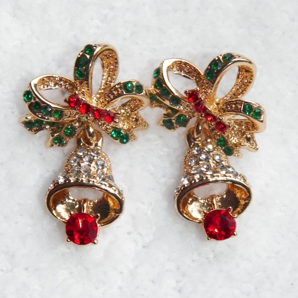 Christmas Bell Bow Rhinestone Earrings